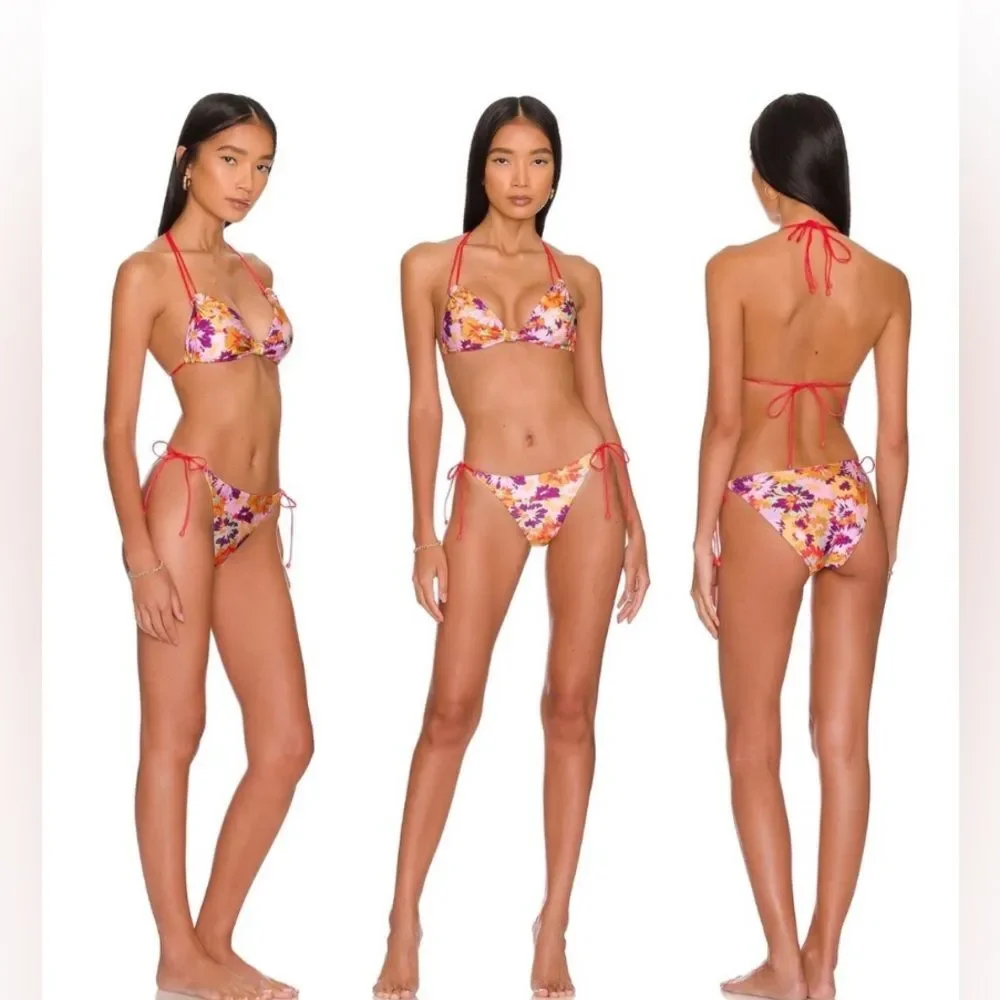Zimmermann Floral Knotted Violet Triangle Bikini Set Size US 8-10 Boho Coquette